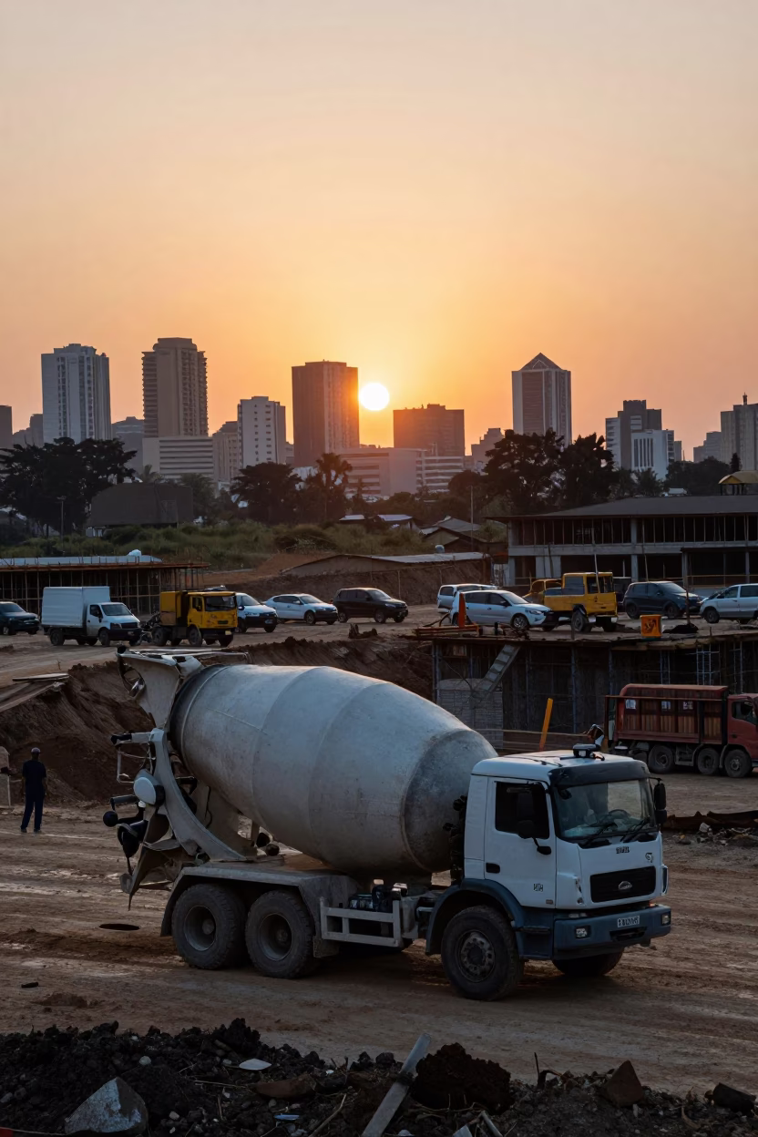 Johannesburg Sunset Construction Site Cement Mixer and Urban Activity in in Johannesburg, South Africa