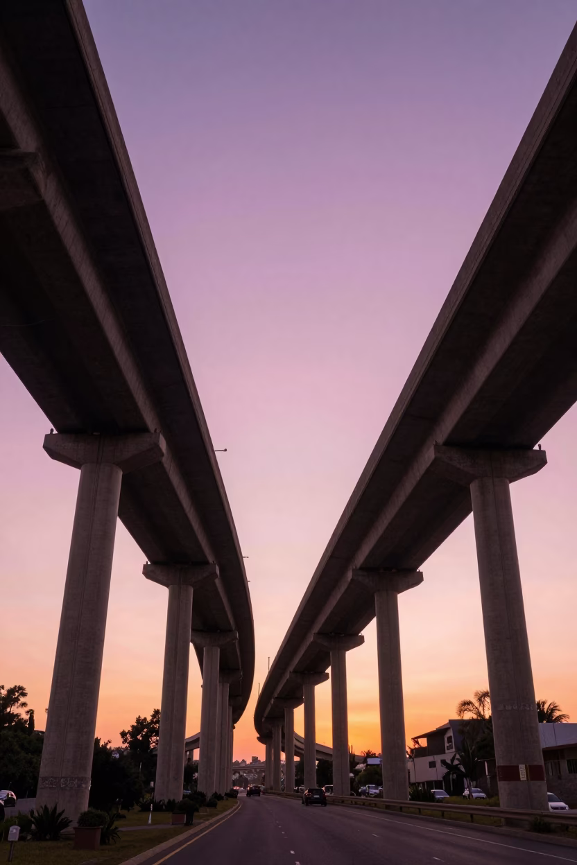 Johannesburg Sunset Highway Flyover Stack Against Pink Evening Sky Realistic Scene in in Johannesburg, South Africa
