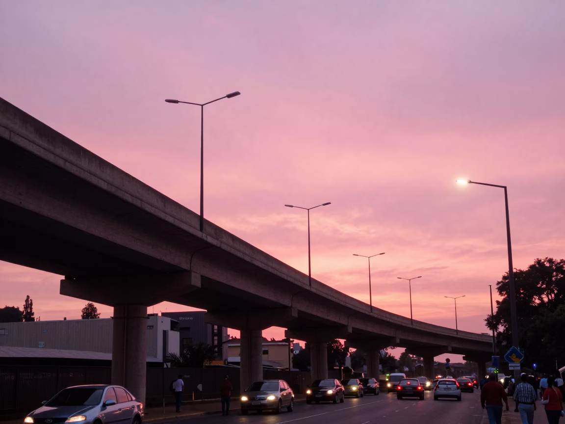Johannesburg Sunset Highway Flyover Stack and Pink Evening Sky Realistic Street Scene in in Johannesburg, South Africa