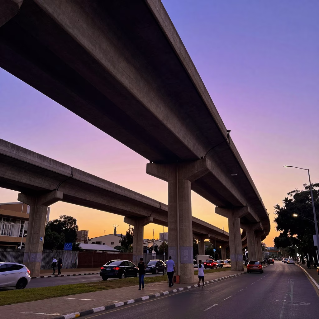 Johannesburg Sunset Overpass Interchange Ramp Slicing Across Violet Evening Sky in in Johannesburg, South Africa