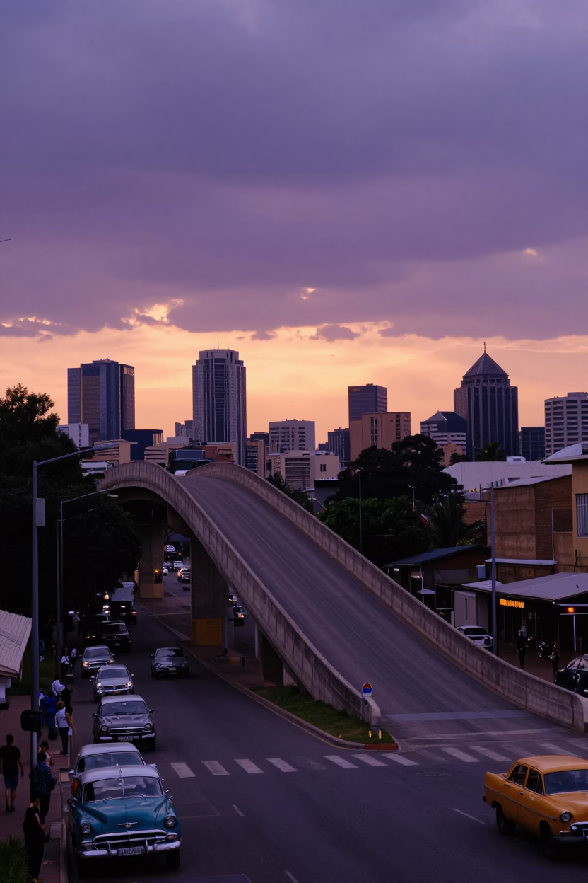 Johannesburg Sunset Overpass Ramp and City Skyline in Late Afternoon Light in in Johannesburg, South Africa