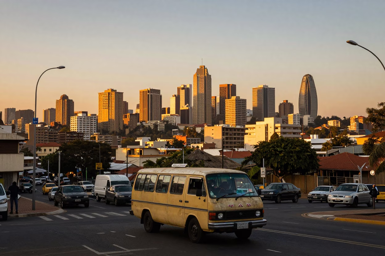 Johannesburg Sunset Skyline View from Hillbrow Tower with Vintage Car and Traffic in in Johannesburg, South Africa