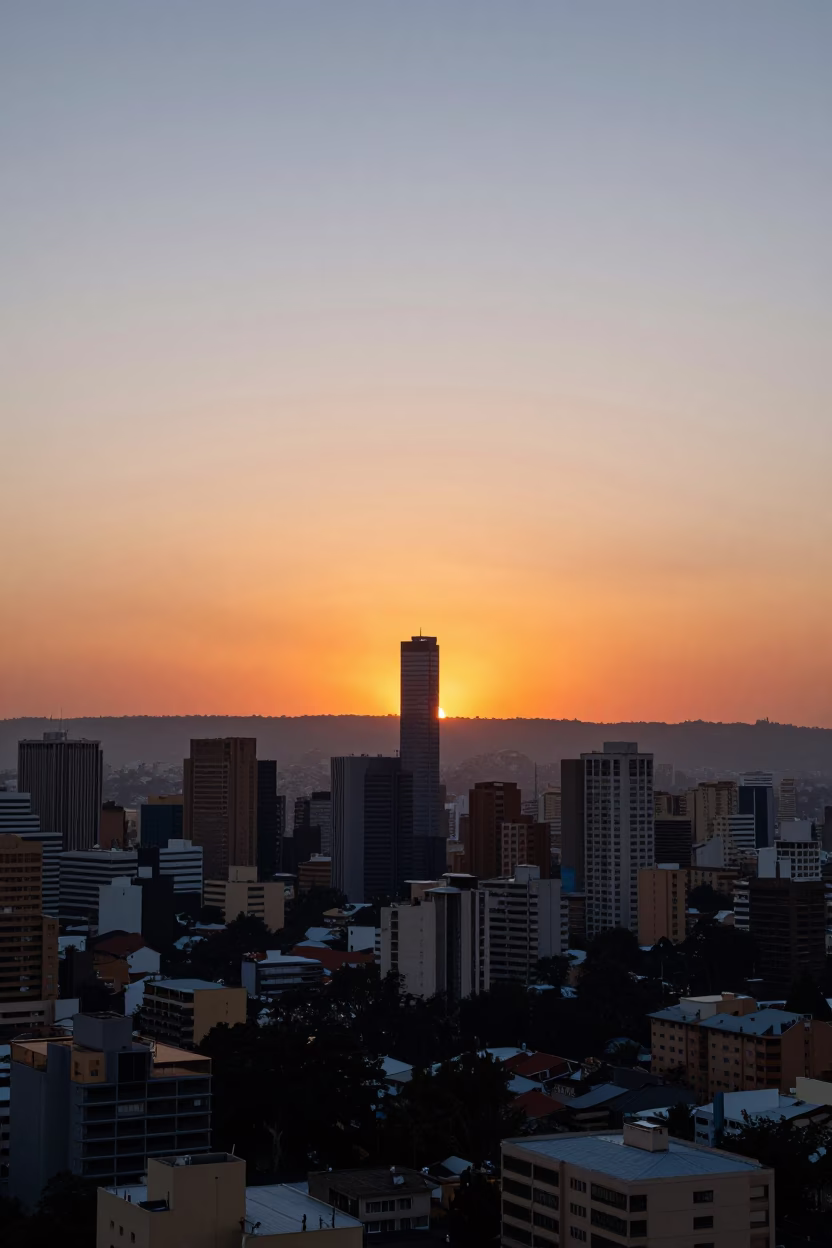 Johannesburg Sunset Skyline View from Hillbrow with Urban Dusk Lighting and Cityscape Details in in Johannesburg, South Africa