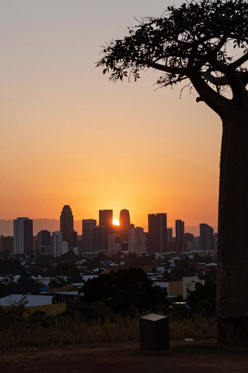 Johannesburg Sunset Skyline with Baobab Silhouette and Urban Landscape at Dusk in in Johannesburg, South Africa