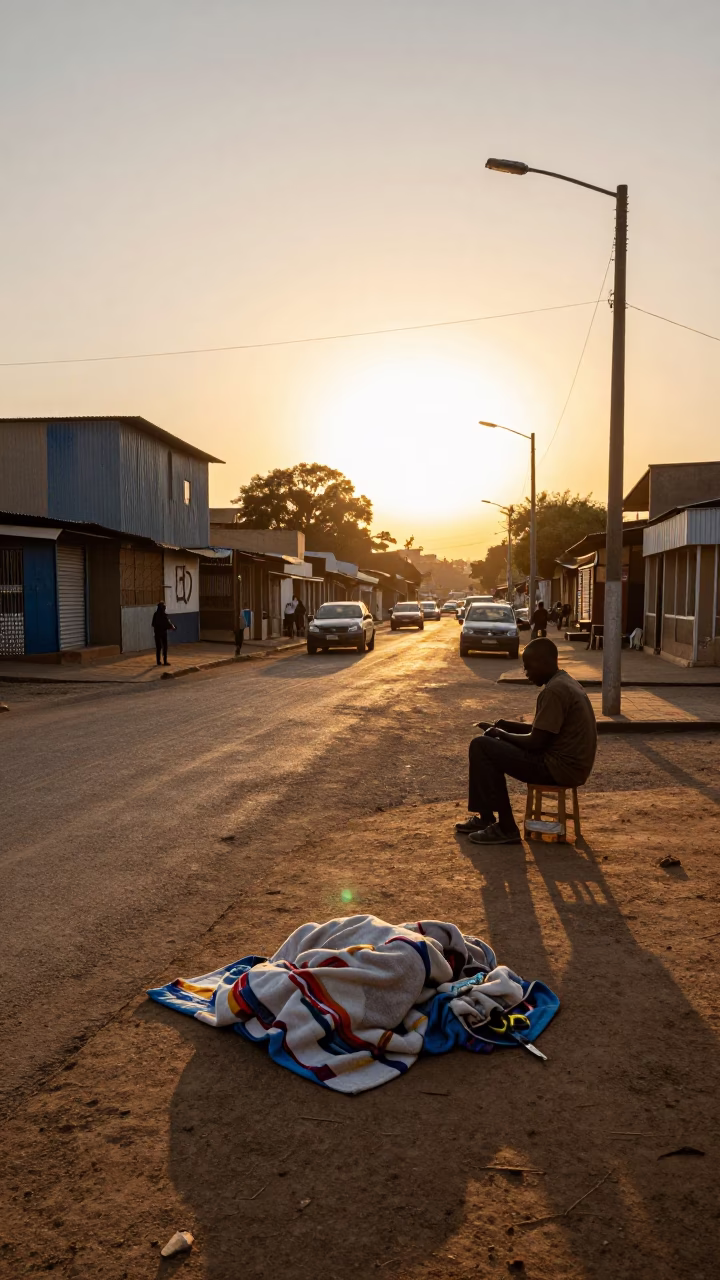 Johannesburg Sunset Street Scene with Blanket and Sewing Scissors in Township Market in in Johannesburg, South Africa