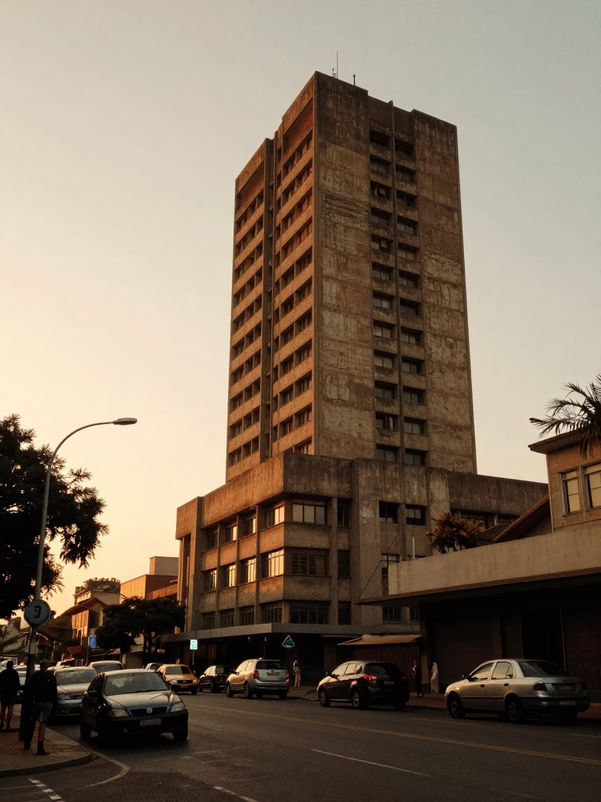 Johannesburg Sunset Street Scene with Brutalist Concrete Tower and Double Decker Bus in in Johannesburg, South Africa