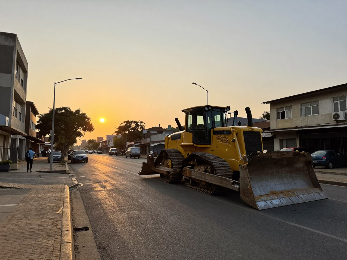 Johannesburg Sunset Street Scene with Bulldozer Construction and Local Traffic in in Johannesburg, South Africa