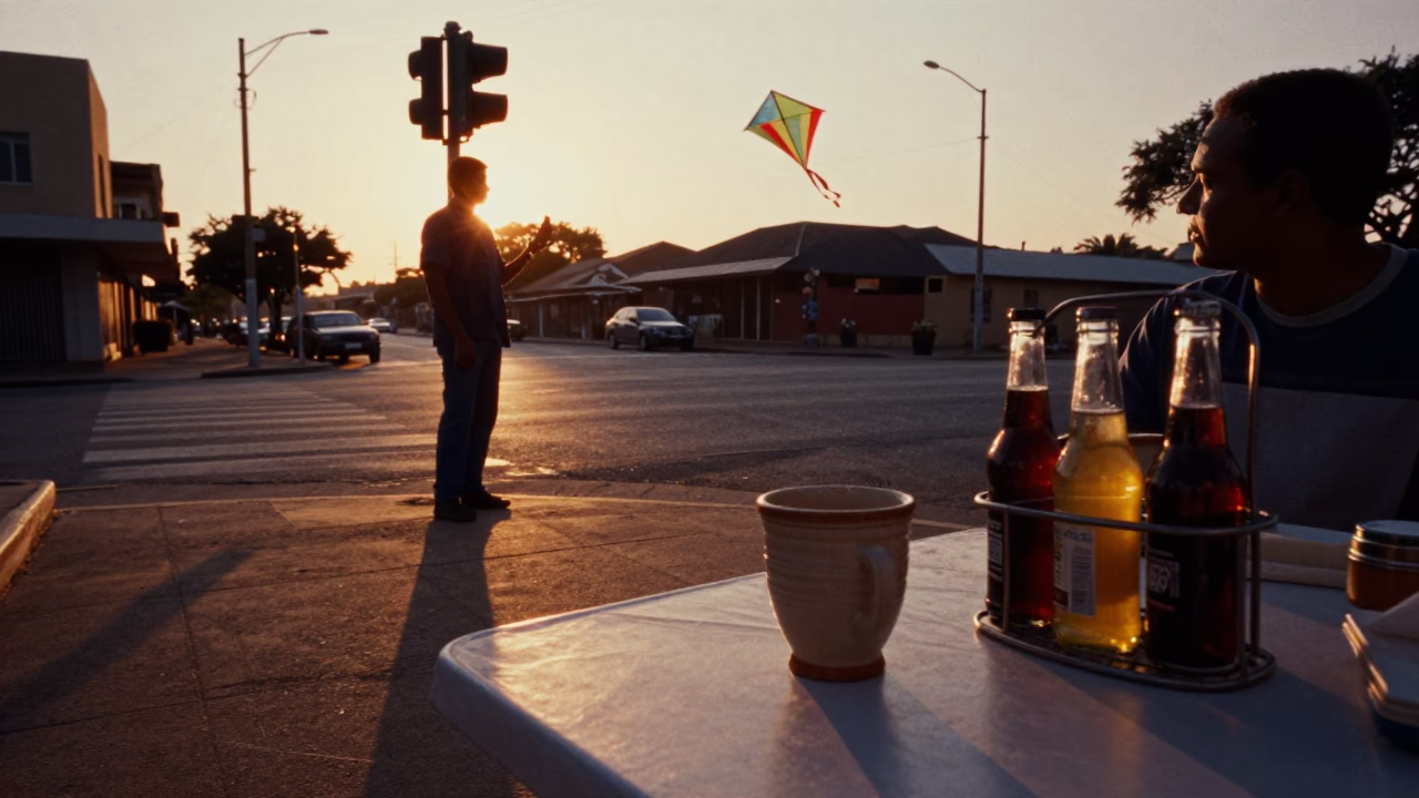 Johannesburg Sunset Street Scene with Ceramic Cup and Kite Festival in Background in in Johannesburg, South Africa