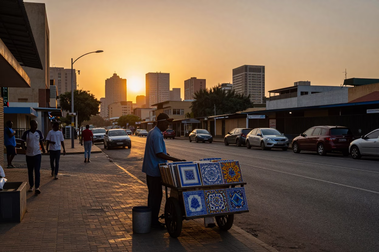 Johannesburg Sunset Street Scene with Ceramic Tiles and Local Activity in in Johannesburg, South Africa