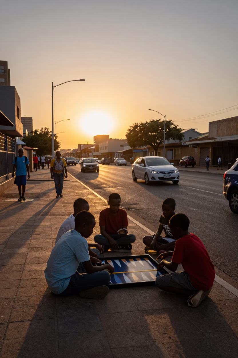 Johannesburg Sunset Street Scene with Children Playing Backgammon on Wooden Crate in in Johannesburg, South Africa