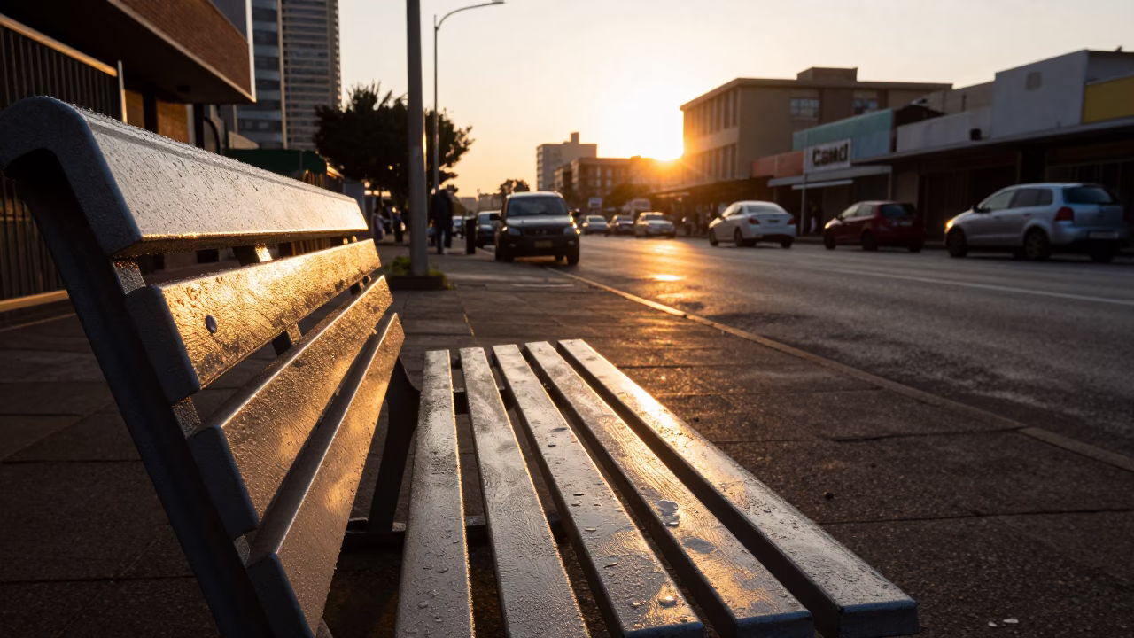 Johannesburg Sunset Street Scene with Condensation on Bench and Cash Box in in Johannesburg, South Africa