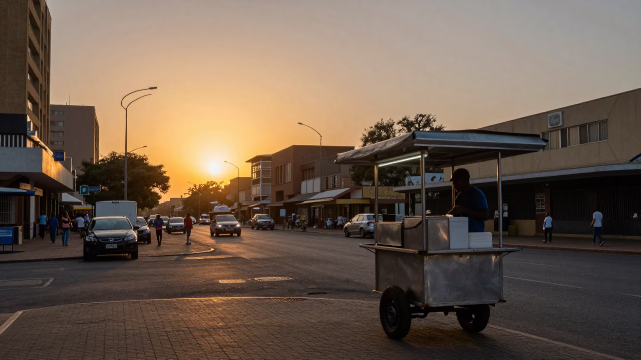 Johannesburg Sunset Street Scene with Food Stall and Urban Architecture in in Johannesburg, South Africa