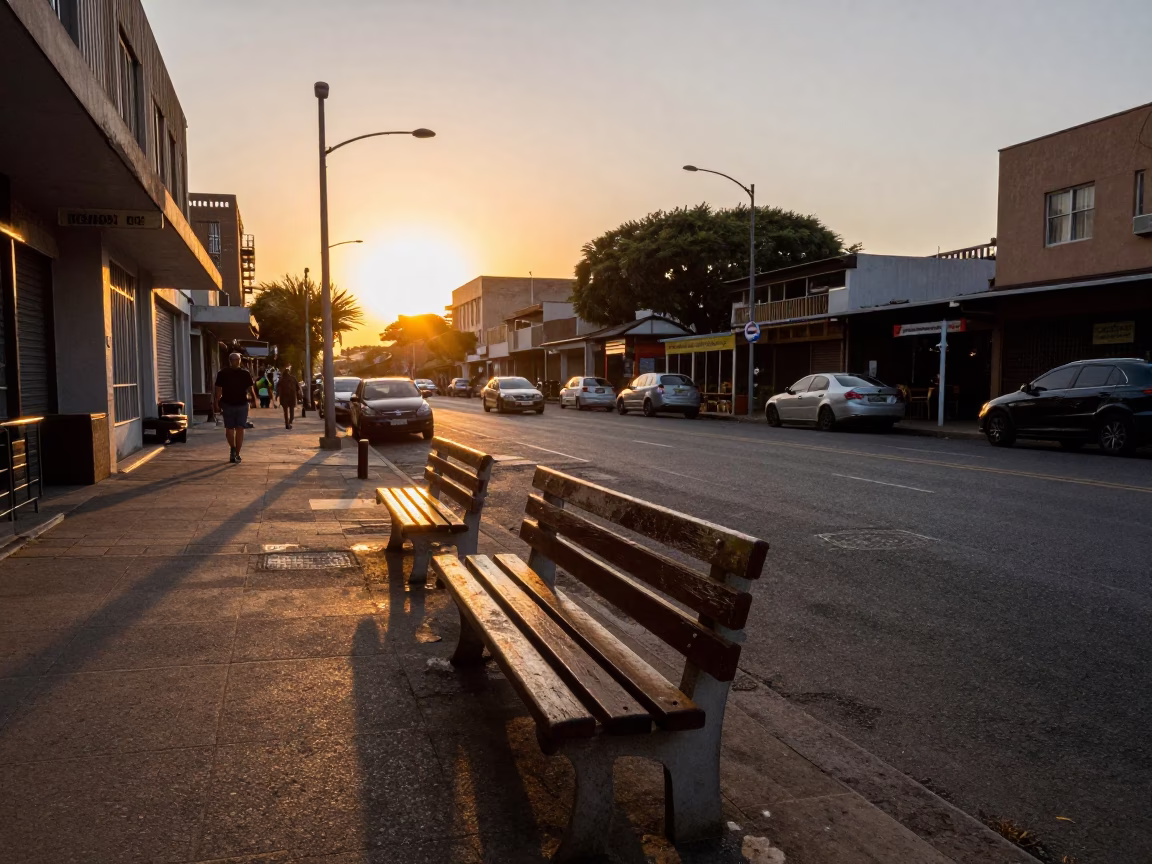 Johannesburg Sunset Street Scene with Garden Benches and Urban Life in in Johannesburg, South Africa