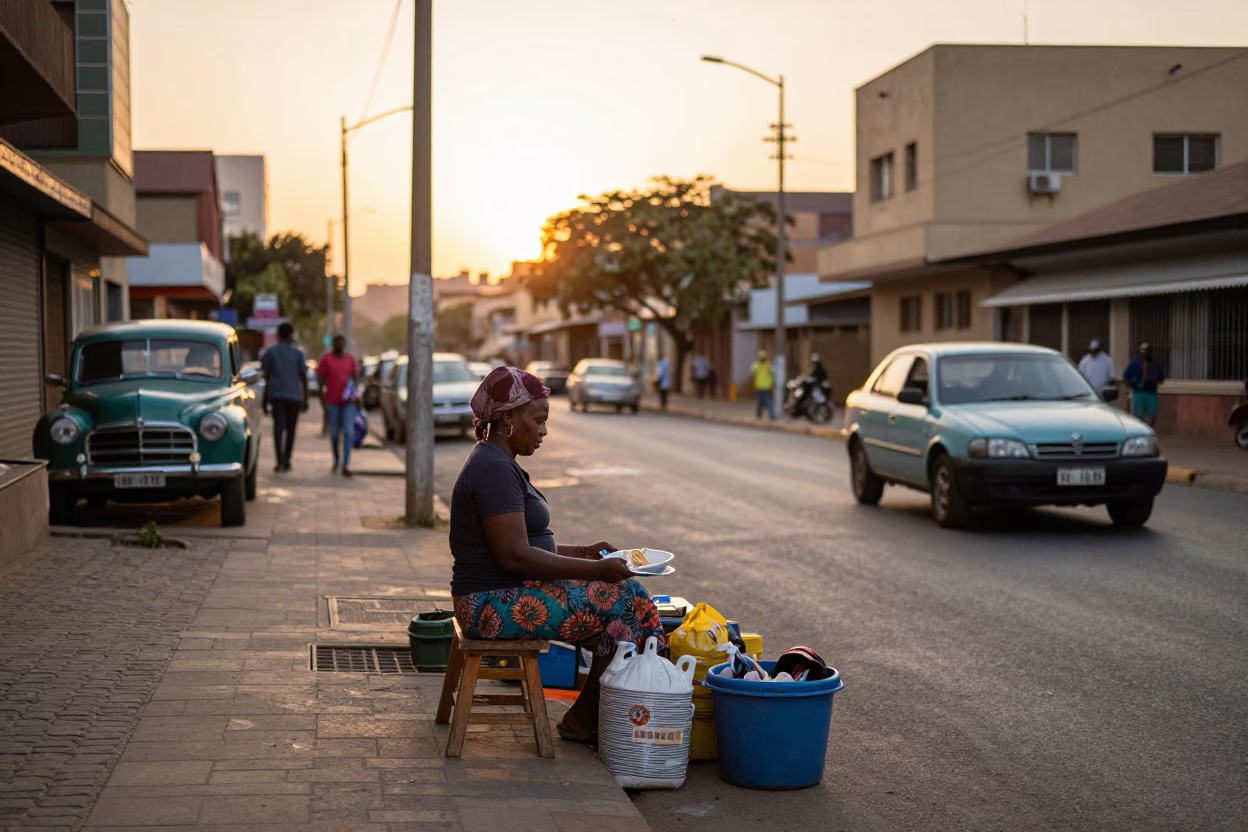 Johannesburg Sunset Street Scene with Local Vendor and Vintage Wicker Basket in in Johannesburg, South Africa