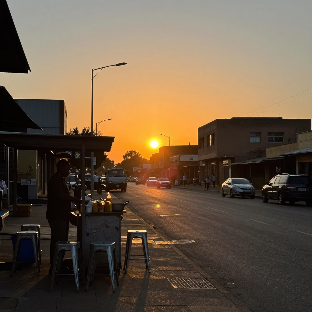 Johannesburg Sunset Street Scene with Metal Stools and Local Interaction in in Johannesburg, South Africa