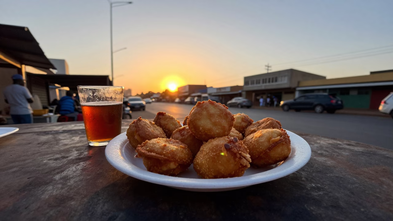 Johannesburg Sunset Street Scene with Plate of Accra Fritters and Sauce in South Africa in in Johannesburg, South Africa