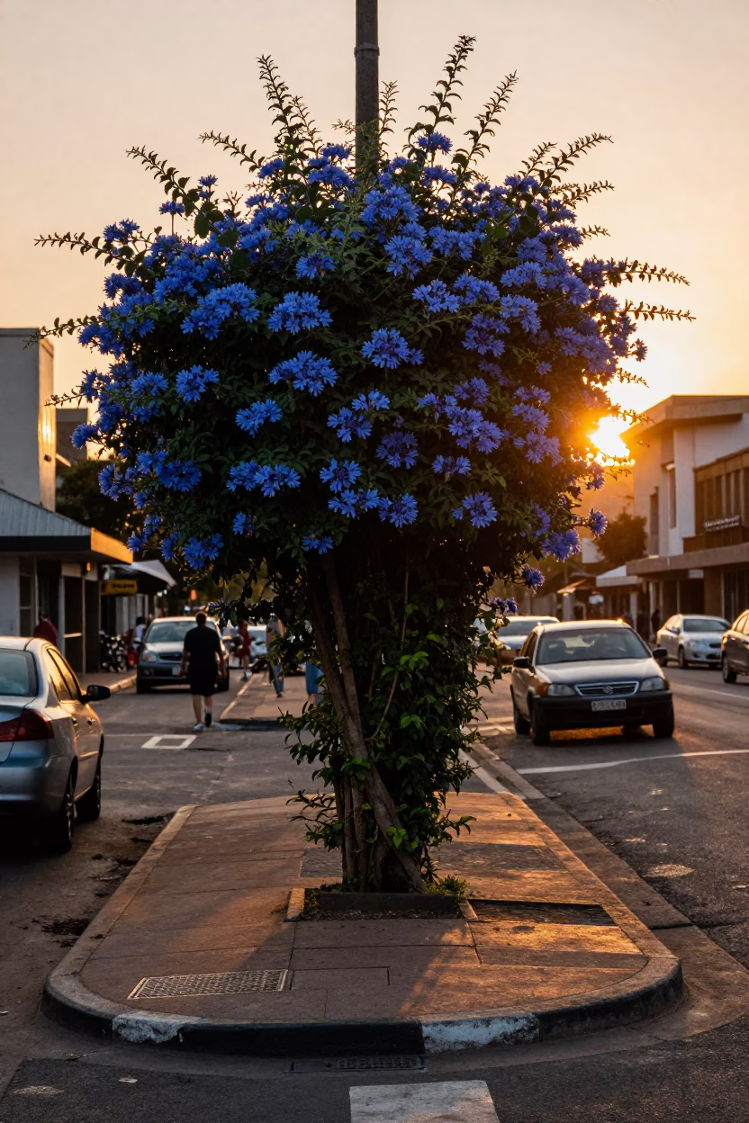 Johannesburg Sunset Street Scene with Plumbago Hedge and Urban Life in in Johannesburg, South Africa