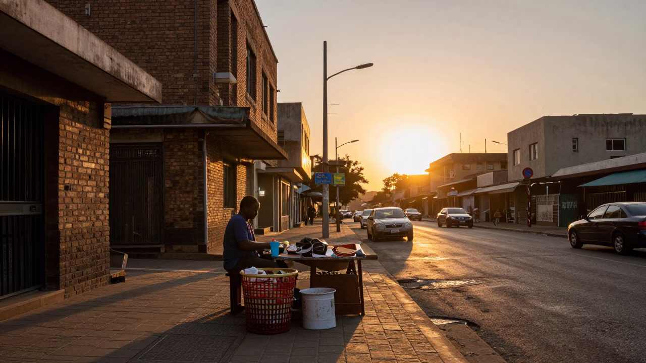 Johannesburg Sunset Street Scene with Scrap Basket and Urban Life in in Johannesburg, South Africa
