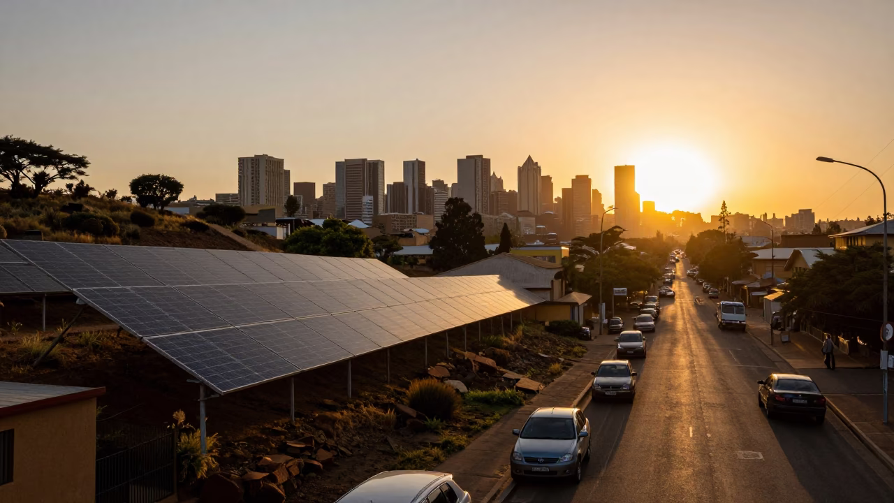 Johannesburg Sunset Street Scene with Solar Panels and Vintage Cars in in Johannesburg, South Africa