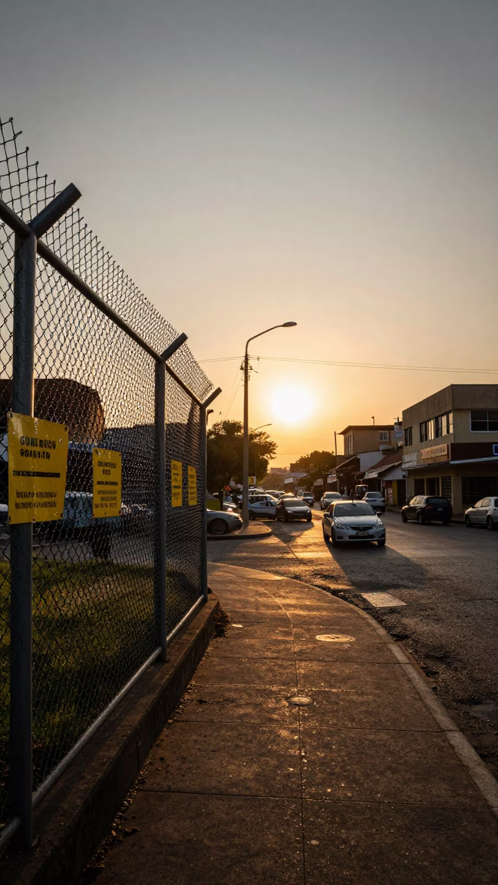 Johannesburg Sunset Street Scene with Substation Fence and Local Vendor Activity in in Johannesburg, South Africa