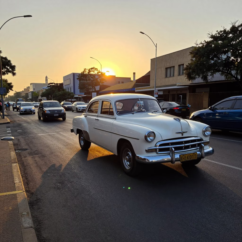 Johannesburg Sunset Street Scene with Vintage Car and Urban Skyline in in Johannesburg, South Africa