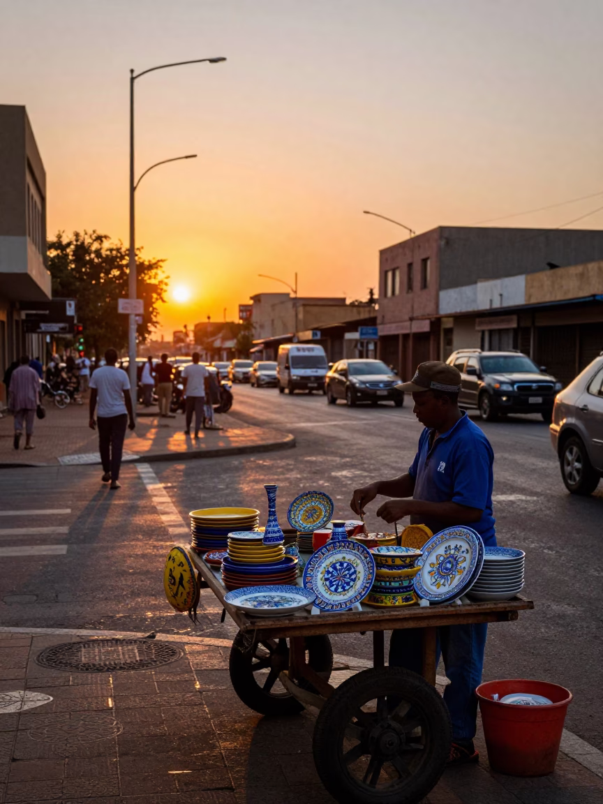 Johannesburg Sunset Street Scene with Vintage Italian Majolica Plate and Local Interaction in in Johannesburg, South Africa