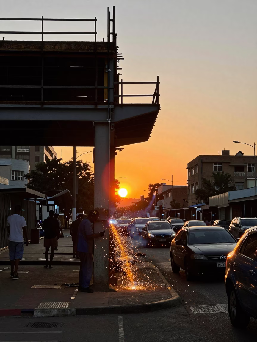 Johannesburg Sunset Street Scene with Welding Sparks and Concrete Viaduct in in Johannesburg, South Africa