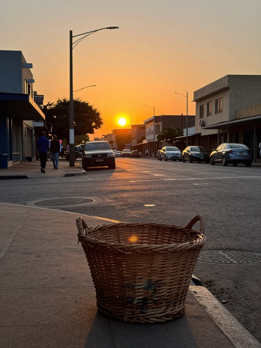 Johannesburg Sunset Street Scene with Wicker Hamper and Grease Stained Plaster Wall in in Johannesburg, South Africa