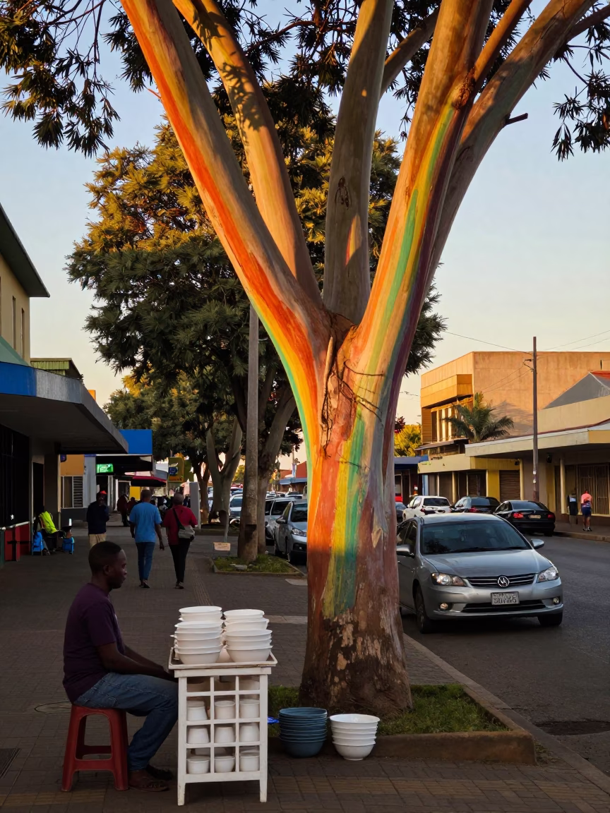 Johannesburg Township Evening Street Scene with Rainbow Eucalyptus and Lived-In Details in in Johannesburg, South Africa