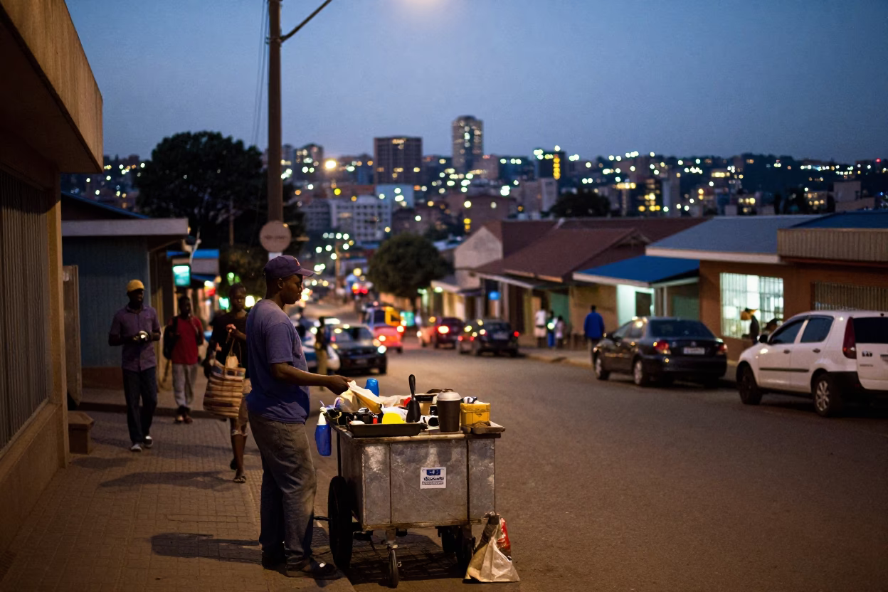 Johannesburg Township Street Scene at Dusk with Local Vendor and Residential Buildings in in Johannesburg, South Africa