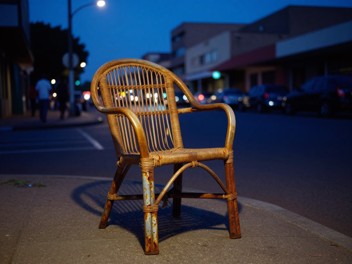 Johannesburg Twilight Street Scene with Rattan Chair and Rusty Metal at Hotel Entrance in in Johannesburg, South Africa