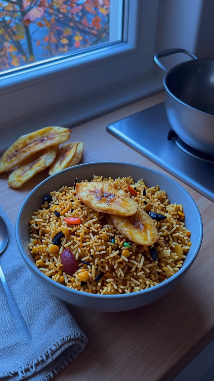 Jollof Rice Bowl with Fried Plantain on Kitchen Counter in on a kitchen worktop in Lausanne