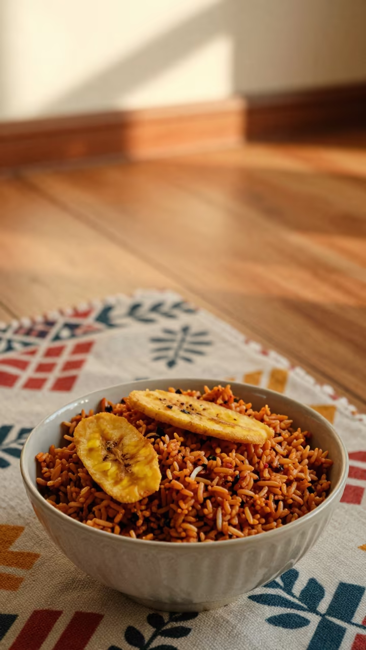 Jollof Rice Bowl with Fried Plantain on Picnic Blanket in on a picnic blanket in Ningbo