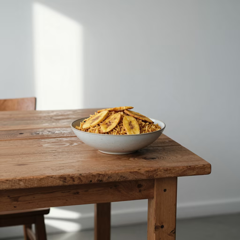Jollof Rice Bowl with Fried Plantain on Rustic Table in on a rustic wooden table in Tampere