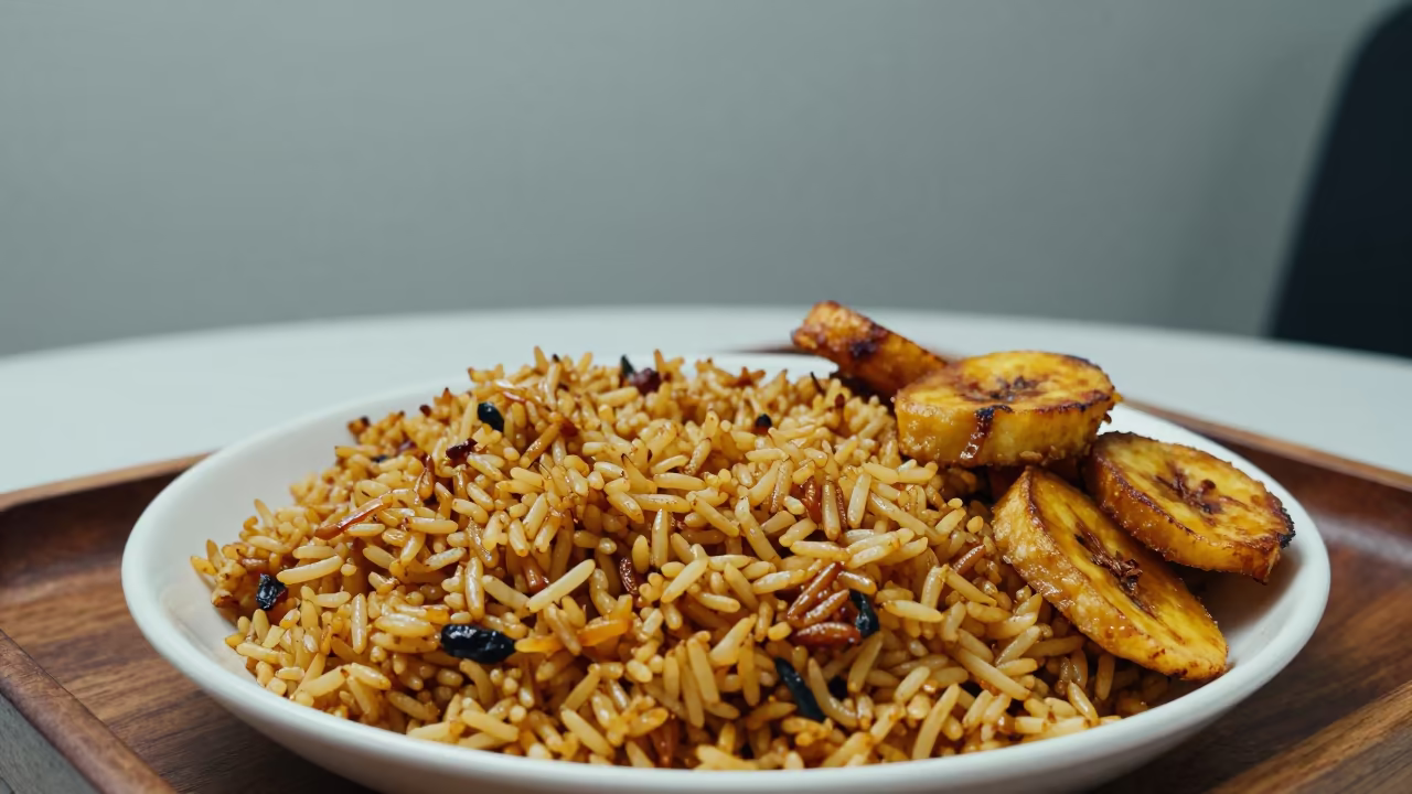 Jollof Rice and Fried Plantain on Tea House Tray in on a tea house tray in Hue