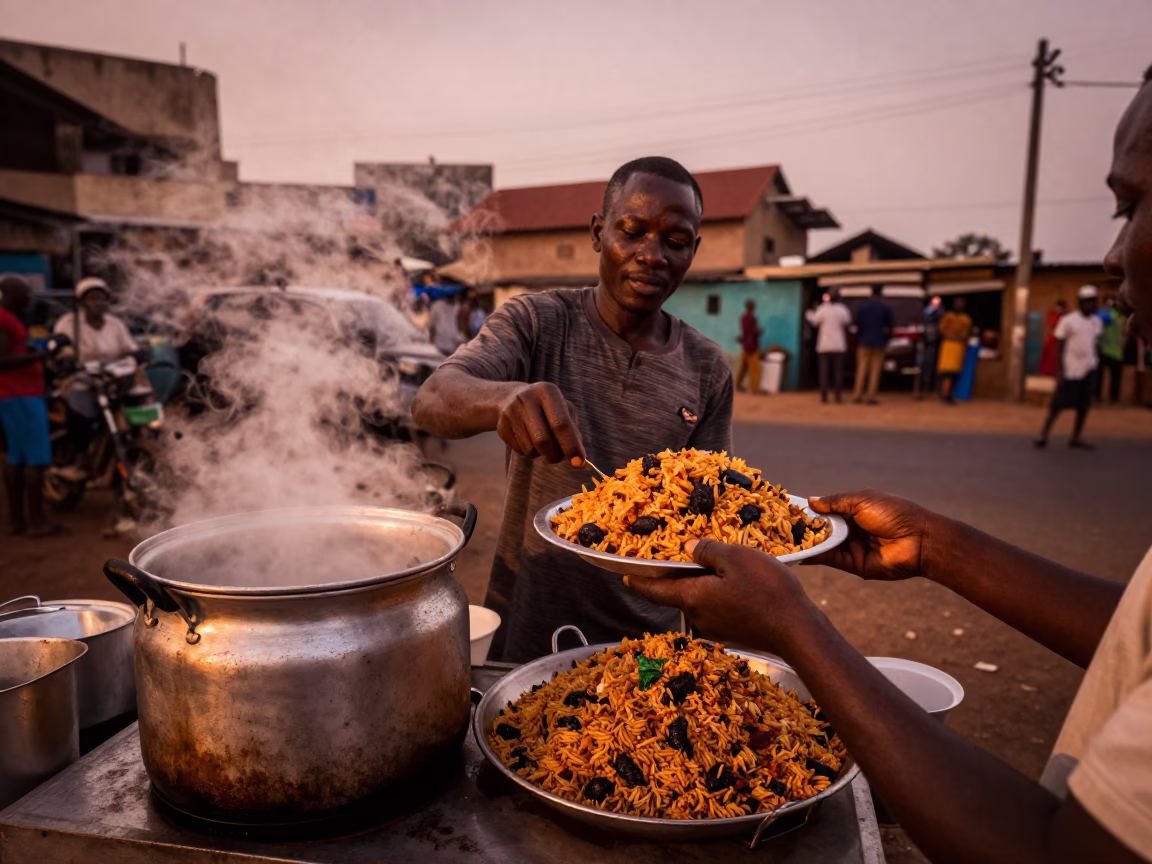 Jollof Rice in Accra at Copper-toned Light Before Dusk in in Accra, Ghana