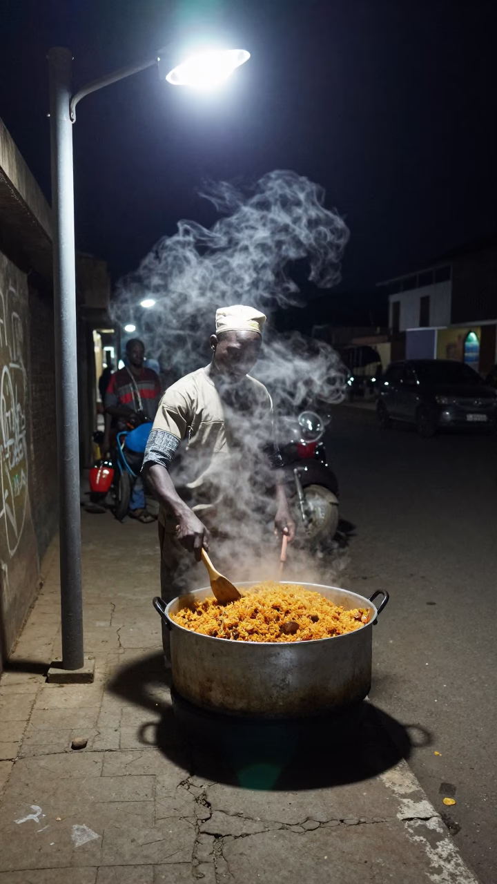 Jollof Rice in Accra at Deep In The Night Light in in Accra, Ghana
