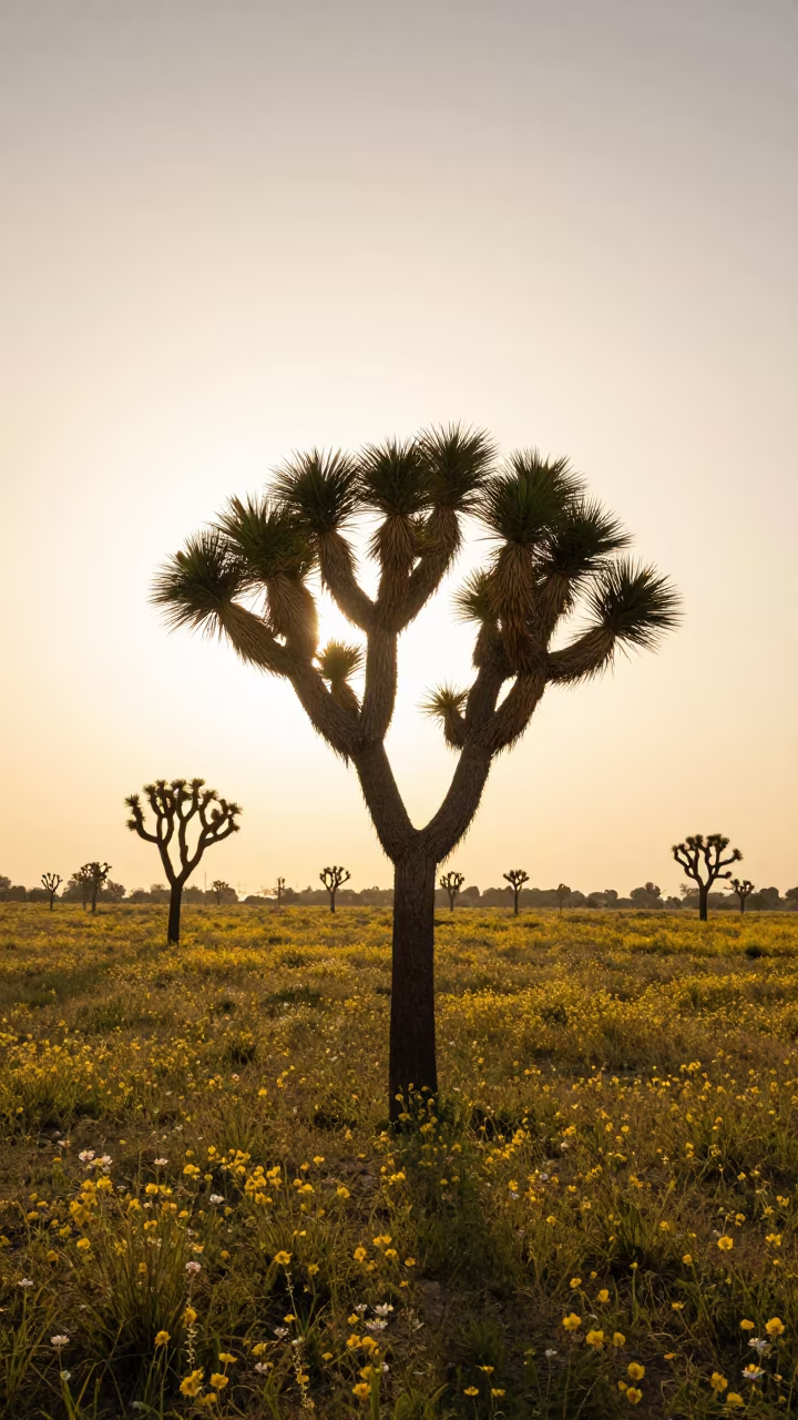 Joshua Tree Amidst Spring Blooms Sunset Haze in in a bloom-heavy meadow in Himachal Pradesh
