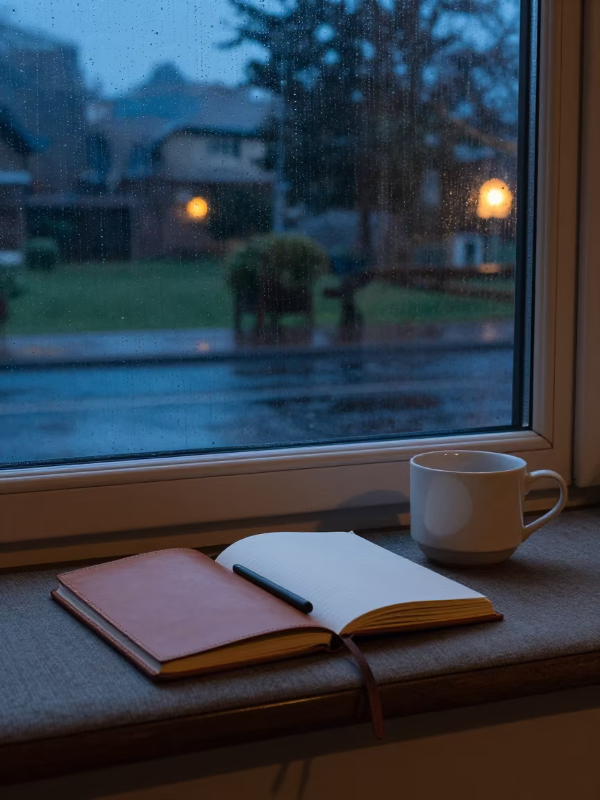 Journal and Tea on Livingstone Windowseat Blue Hour in on a reading nook cushion near Livingstone
