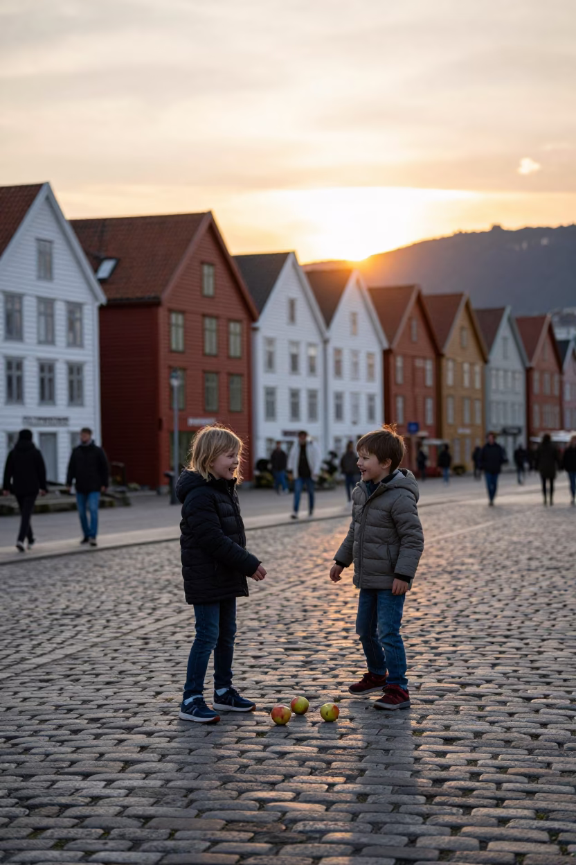 Joyful Children Playing with Apples on Cobblestone Street in Bergen Norway at Sunset in in Bergen, Norway