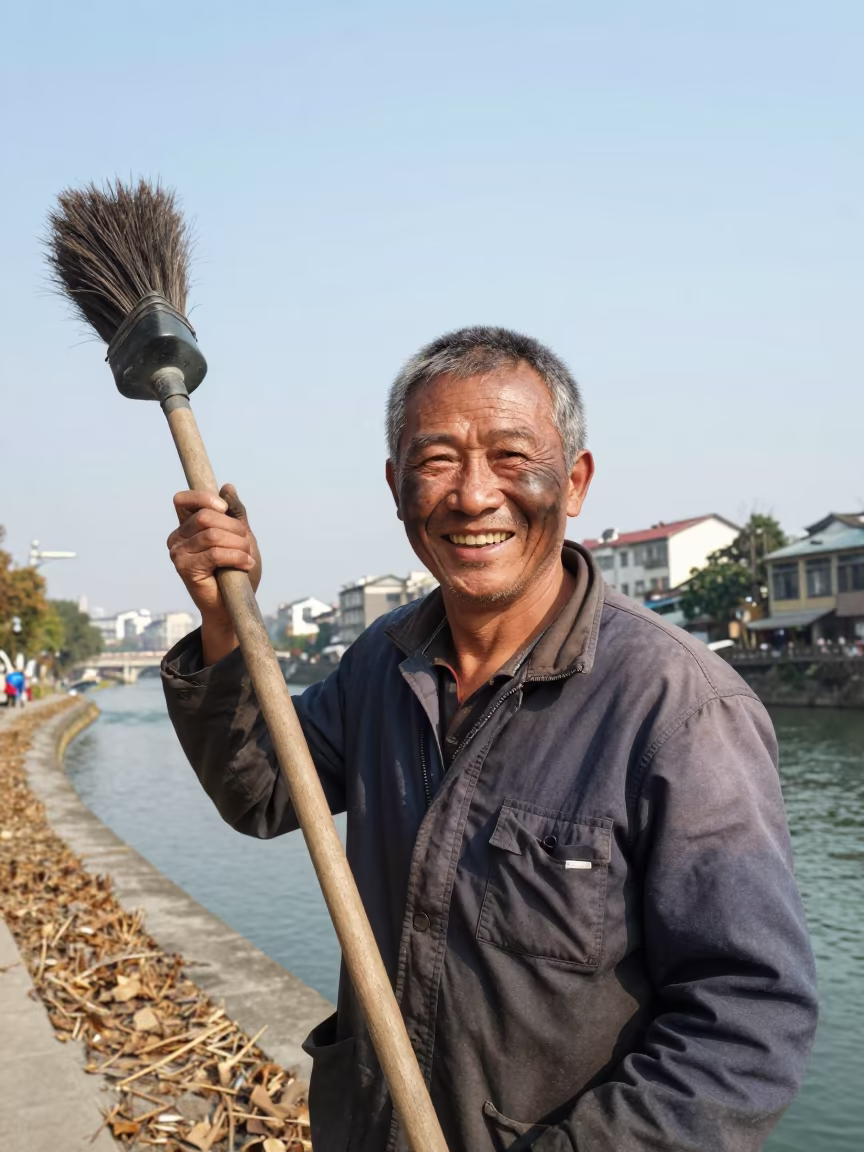 Joyful Chimney Sweep Beside Guiyang Canal in beside a canal in Guiyang