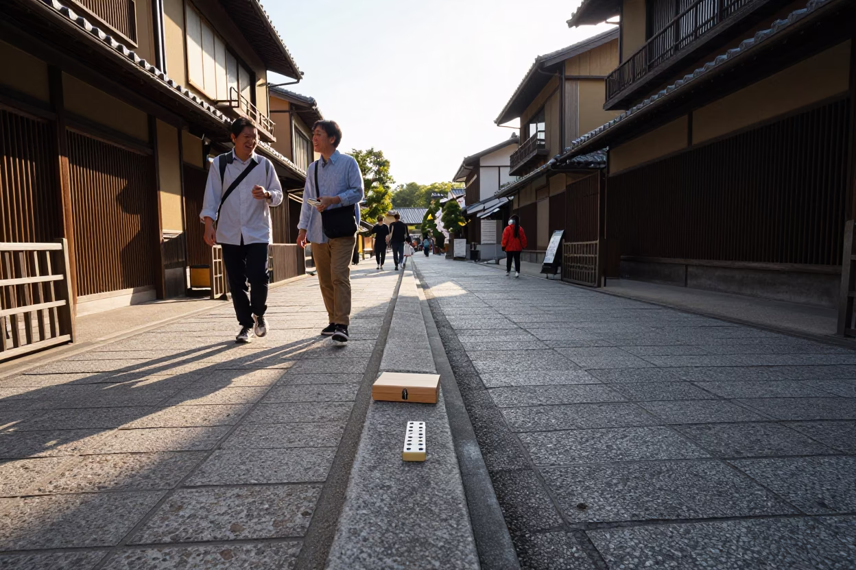 Joyful Kyoto Street Scene Late Afternoon Light with Dominoes and Local Interaction in in Kyoto, Japan