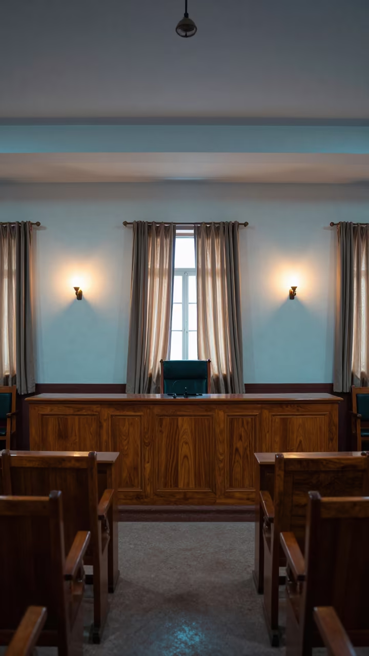 Judge's Bench in Bhopal Council Chamber Morning Light in inside a council chamber near Bhopal