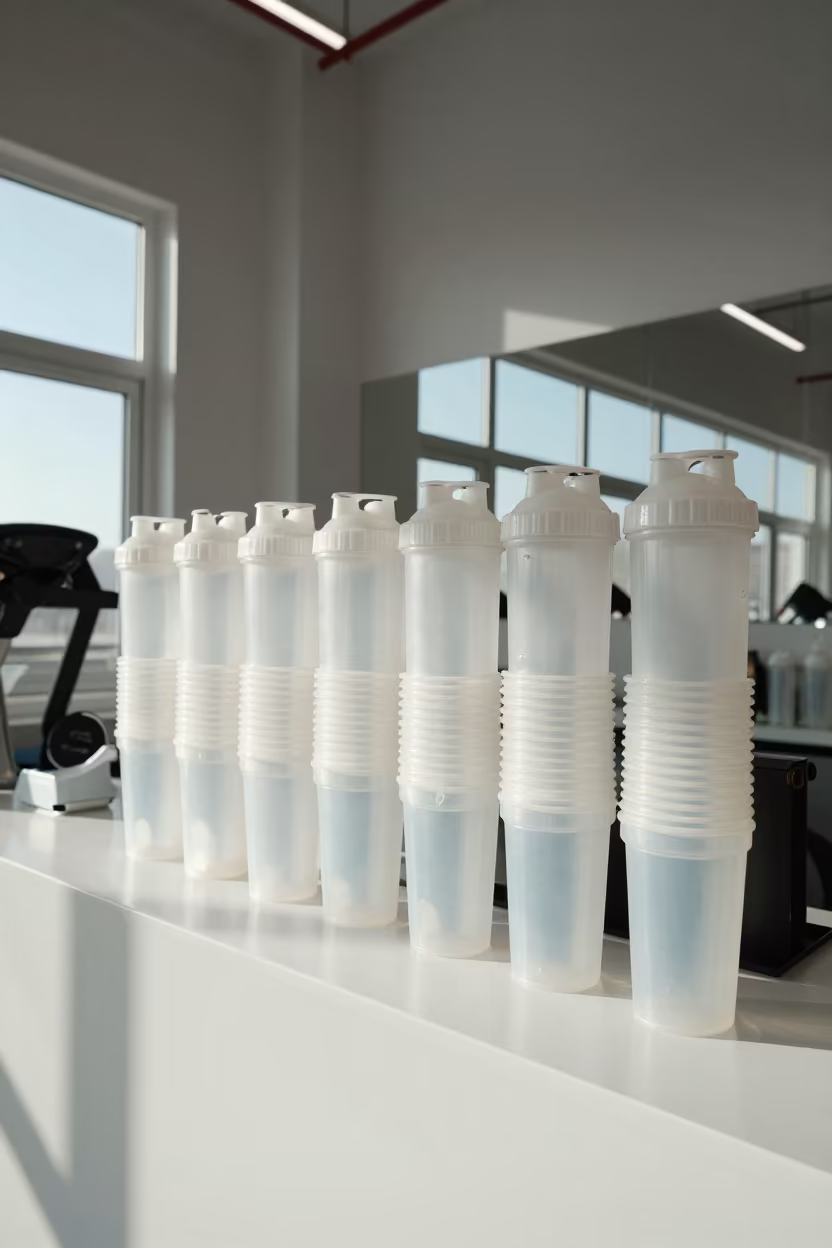 Juice Bar Counter with Shaker Cups in Pingyao Gym in inside a spin studio under class lights in Pingyao