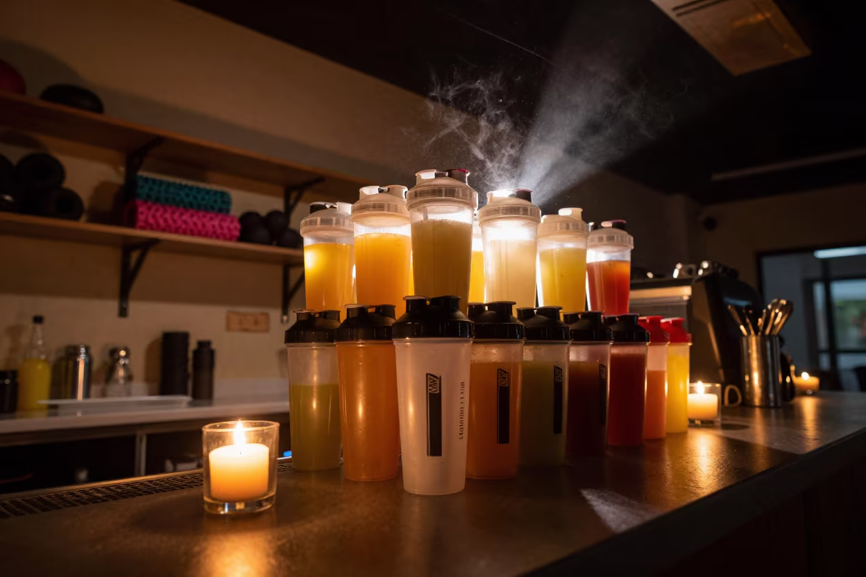 Juice Bar Counter Stacked Shaker Cups Midnight Gym in inside a recovery lounge beside foam rollers in Multan