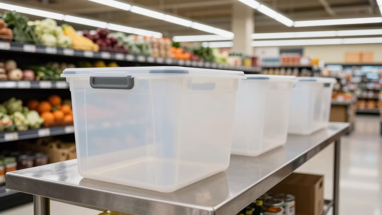 Juice Bar Gasket Bin on Stainless Table in beside a seasonal endcap near the sales floor in Atlanta