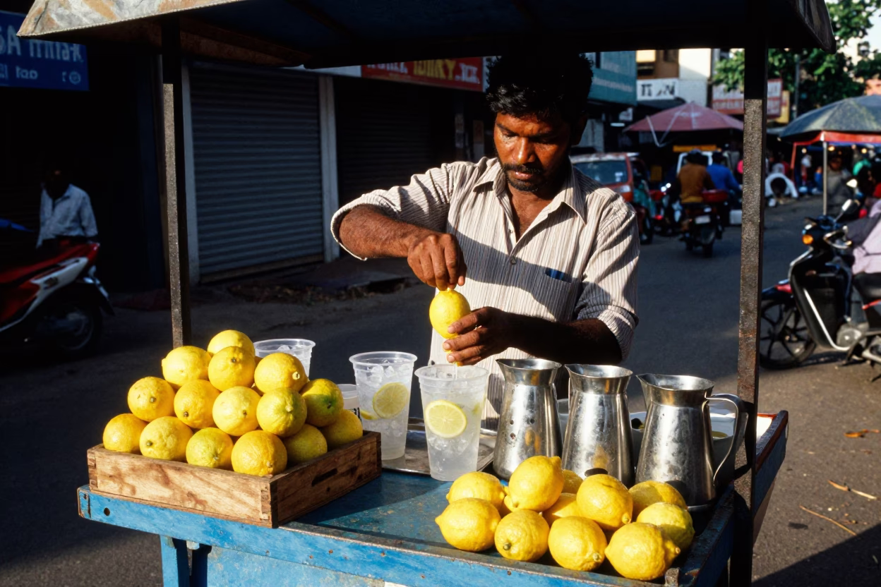 Juice Vendor in Chennai at Clear Late-afternoon Light in in Chennai, India