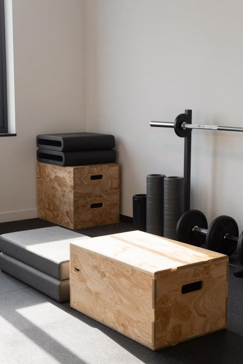 Jump Box Stack in Recovery Lounge in inside a recovery lounge beside foam rollers in Van