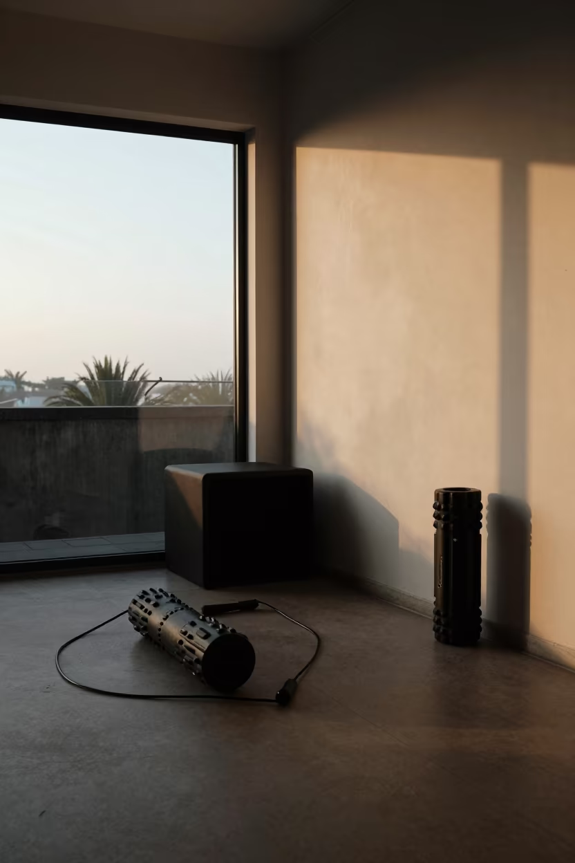 Jump Rope Cubby Silhouette in Dawn Light in inside a recovery lounge beside foam rollers near Leme