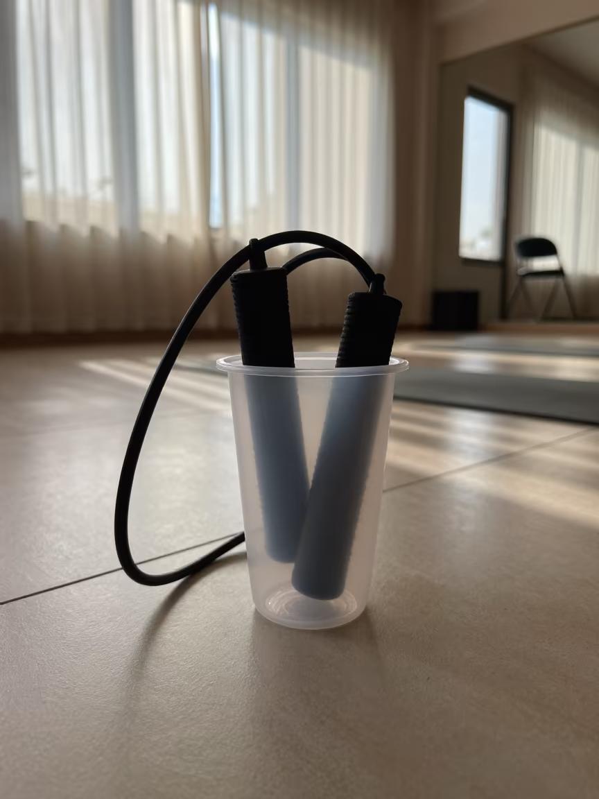 Jump Rope Cup Before Training in Yoga Studio in inside a yoga studio before the session begins near Sohag